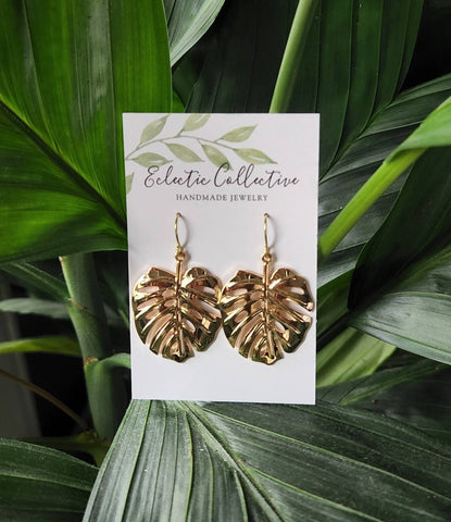 Gold monstera earrings